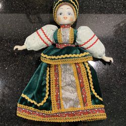 Vintage Porcelain & Fabric Russian Babushka 16” Doll w/Traditional Folk Costume