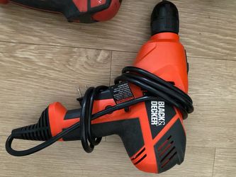 Black and Decker corded drill, Milwaukee flashlight and bag