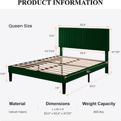 Queen Upholstered Platform Bed Frame with Vertical Channel Tufted Velvet Fabric Adjustable Headboard, Wooden Slats Support, Mattress Foundation, Box S