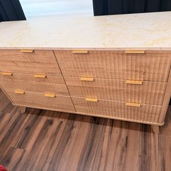 Modern Fluted Wood 6-Drawer Dresser w/ 2 nightstands w Marble Top