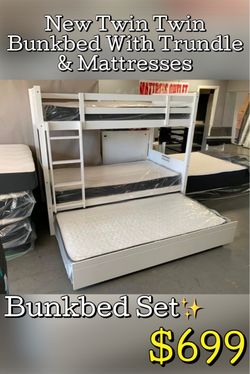 New Twin Twin Bunk Bed with Trundle and Mattresses