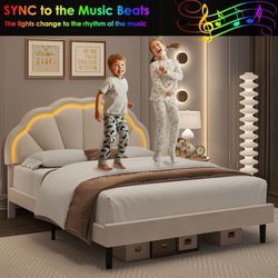 B984 $110  Full Upholstered Smart LED Bed Frame with Adjustable Chic Petal Headboard, Princess Full Size Platform Bed Frames for Kids/Girls, Wooden Sl