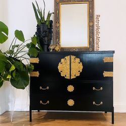 Hollywood Regency Chinoiserie Black Lacquer and Brass Sideboard Credenza, Newly Refinished Vanity Dresser