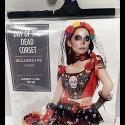 Day of the Dead Ladies Corset Halloween Costume Tie-On Bustle & Gloves Large (10-14) 2 piece set, 1 corset and gloves, new seal bag, made in China, br