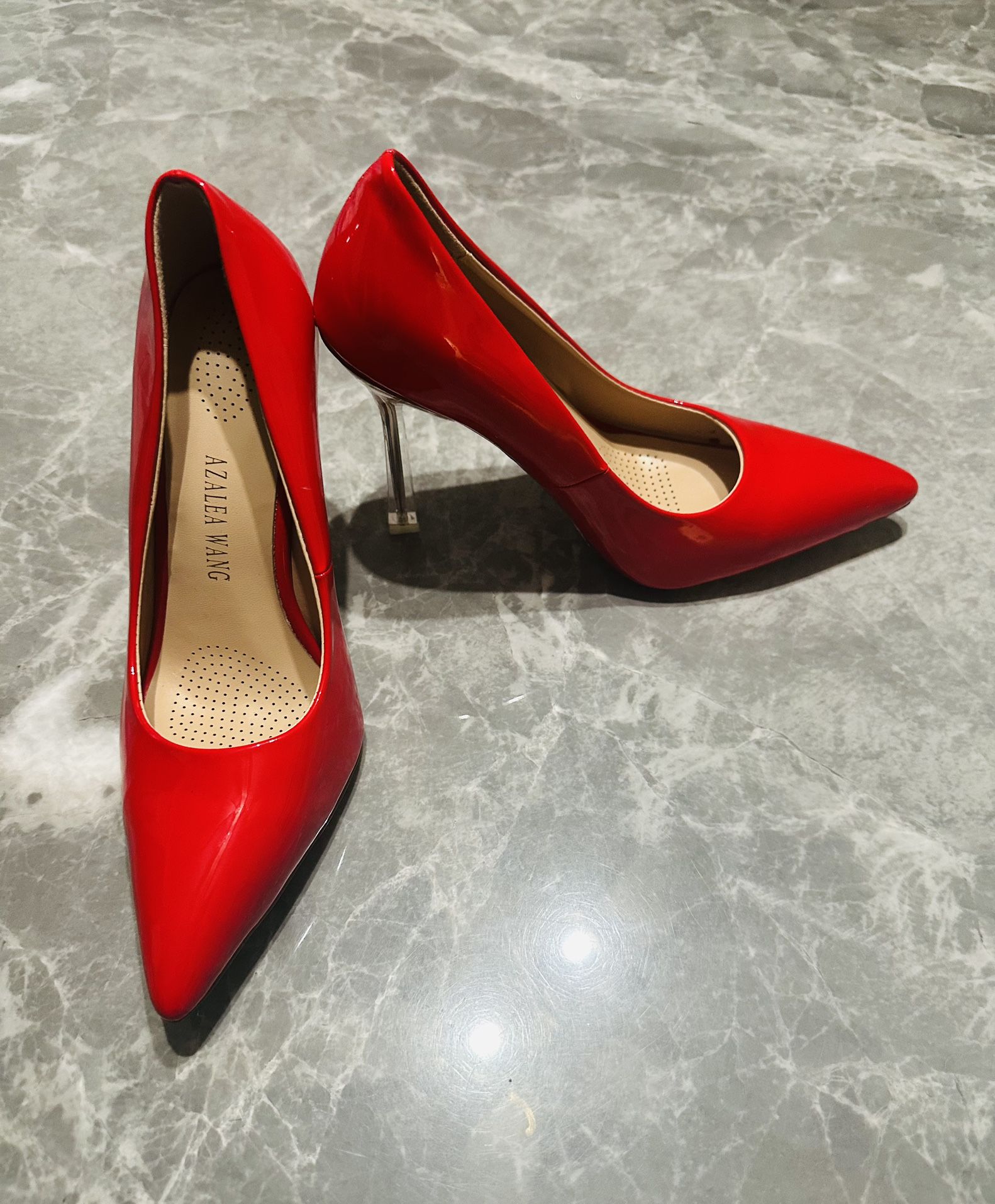 Azalea Wang 8 Apple Red Pumps 4.25” Stiletto Clear Heels Patent Leather