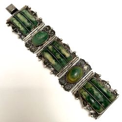 Sterling Silver Vintage Jade Panel Bracelet 7 Inches