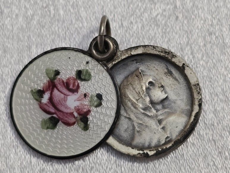 Antique Religious Medal Miraculous Holy Catholic STERLING GUILLOCHE Pendant Only