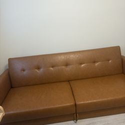 Cognac Brown Faux Leather Futon Modern Sofa