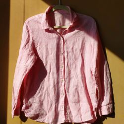 Baby Pink Linen women's Botton Down Shirt Blouse Top Long Sleeve size M Medium