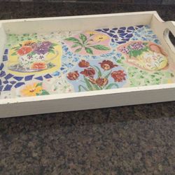 SOLID WOOD WHITE SERVING TRAY MOSAIC  TILE INLAY FLORAL WOODEN SERVEWARE TABLE DECOR MODERN FARMHOUSE