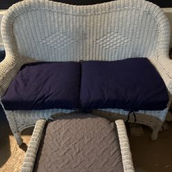 White Wicker Loveseat + Ottoman w/ ALL Cushions Included 🌊✨