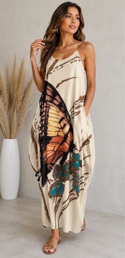 CHICME Women’s Butterfly Maxi Dress Size S Spaghetti Strap Boho Pocket Beige