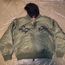 Civil Regime Studded Logo Hooded Green Bomber Jacket - Size XL