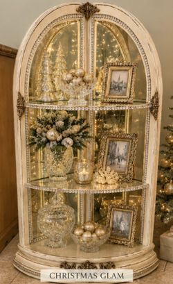 Beautiful, charming, cream, distressed corner display shelf with mirror back panels
