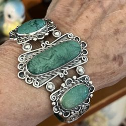Vintage Navajo Sterling And Australian Varicite Cuff Bracelet