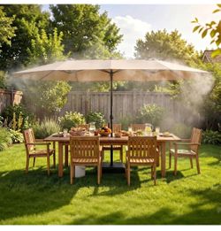 15 Ft Rectangle Patio Umbrella with Base And Spray, misting cooling system rechargeable Double-Sided Umbrella with Crank Easy to Open And Close, Large