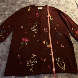 Vintage Quacker Factory Long Sleeve Embroidered Extra Long  Cardigan Sweater 3XL 