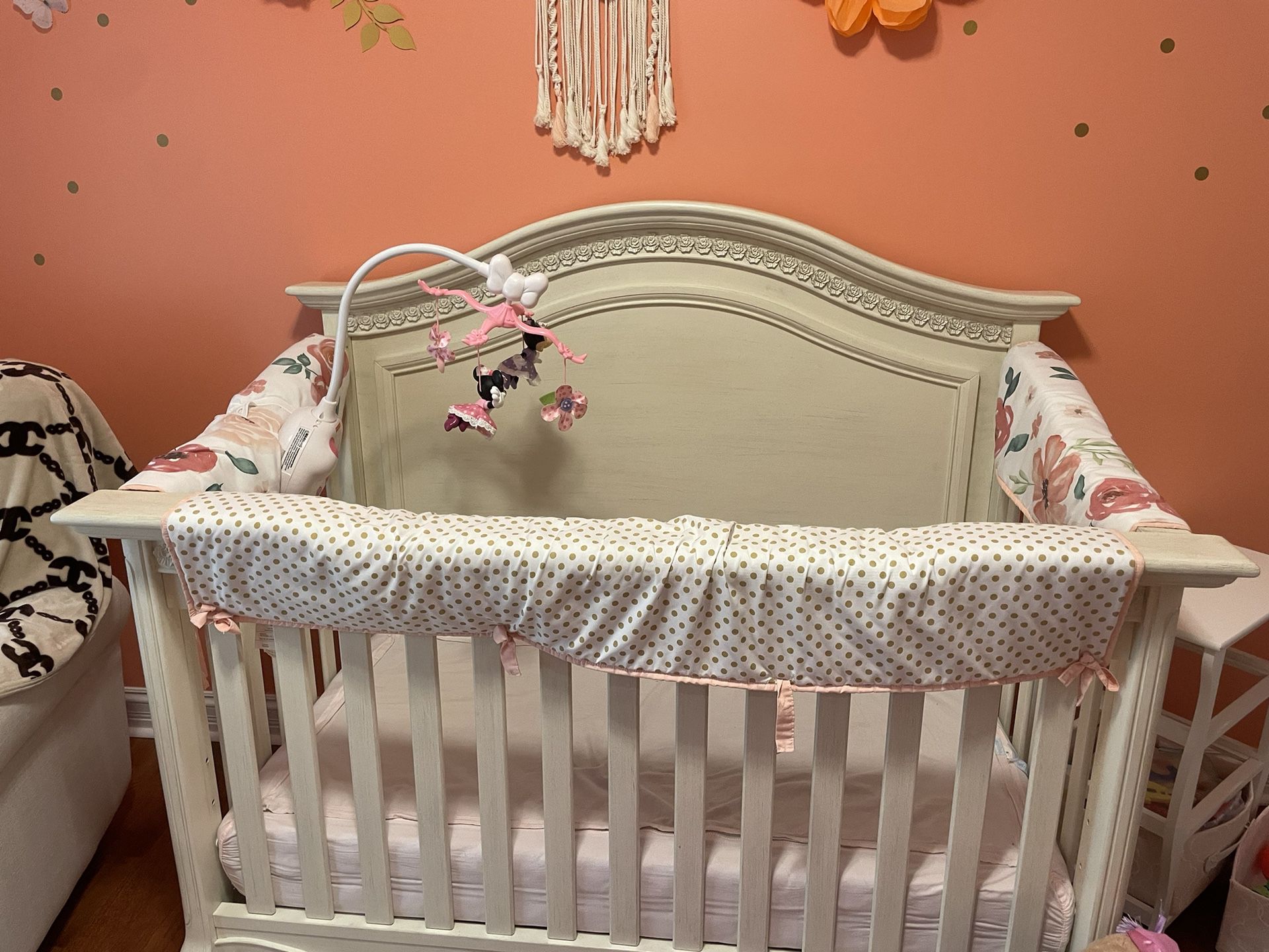 Double sided 3 piece crib covers, standard fit, gold dot, coral florals