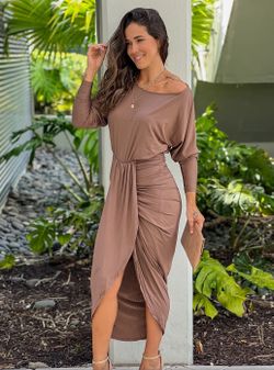 $12 Small Coffee Ruched Long Sleeve Beautiful Dress
