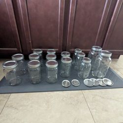 15 Canning Jars Kerr & Ball Brand Quart And 1/2 Gallon With Lids & Rings +