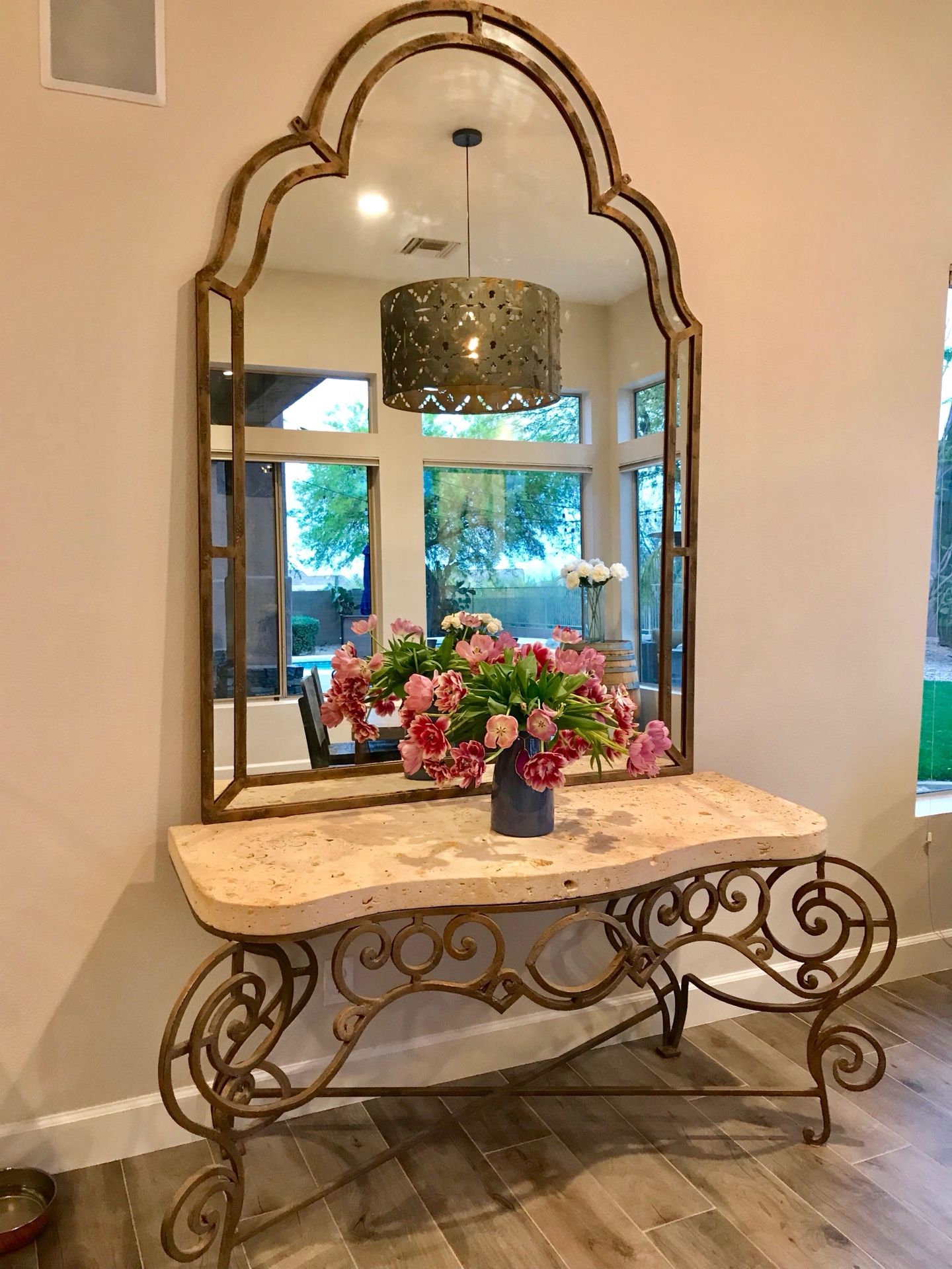 Kreiss Furniture entry table with mirror fossil stone top wrought iron