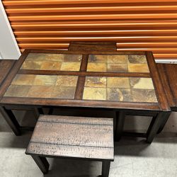 Very Nice Magnussen Home “Allister” Solid Wood Cocktail Table With Slate Inlay And 4 pull out stools