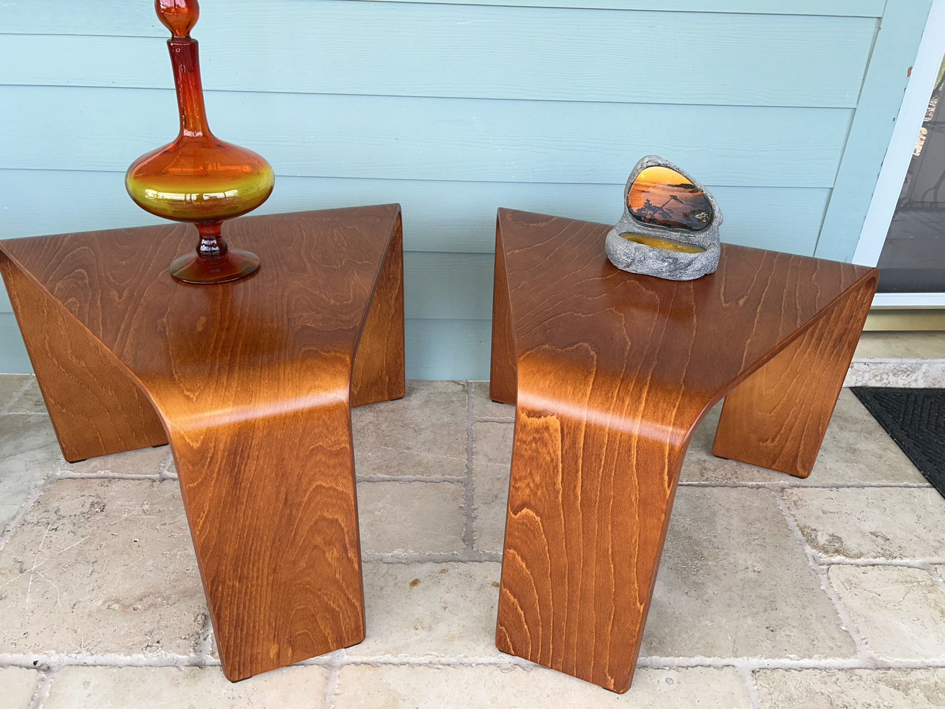 Mid Century Modern Ekornes of Norway Scandinavian Postmodern Triangular Bentwood End Tables