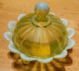 Vintage Vaseline Glass Covered Butter Dish