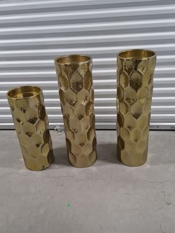 Set of 3 Gold Hammered Cylinder Vases