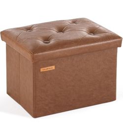 Storage Ottoman Foot Rest Stool, Small Folding Ottoman with Storage, Tufted Square Cube Footrest, Faux Leather Retro Brown