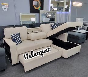 ✅️✅️2 pc Beige boucle fabric sectional sofa with pop up sleep area and storage chaise drop down tray table wireless charging✅️