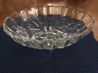 Glass. Large, Embossed Floral Design Oval Shaped Footed Bowl