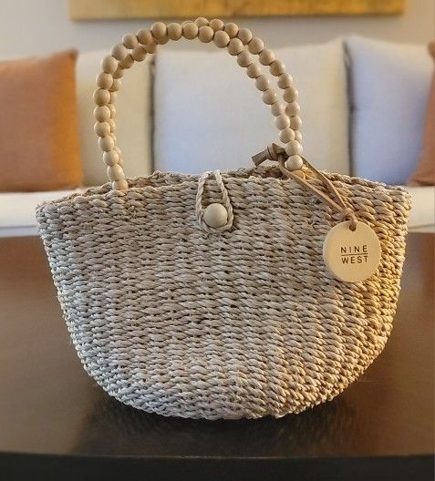 Nine West Small Straw Handbag Purse with Wooden Beads Straps and Interior Pocket