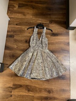 Brand New Woman’s Bebe brand Black and Gold Deep V Jacquard Fit +Flare Dress Up For Sale 
