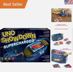 UNO Showdown Supercharged is a fast-paced family card game that combines classic matching gameplay with an electronic card-shooting action unit.