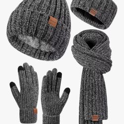 Brand: Winuesa Women Beanie Chenille Winter Hats Fleece Lined 4 Gift Set Beanie Scarf Gloves Headband Set, Ear Warmer, Knit Scarf, Touchscreen Gloves.