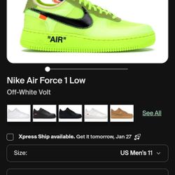 Nike Air Force One Low "Off White Volt" (Size 11) 100% Authentic [ No Box Sorry]
