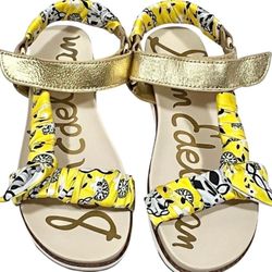 Sam Edelman Ashie Dark Gold Lemon Zest Wedge Sandals Floral Scarf Straps 7M