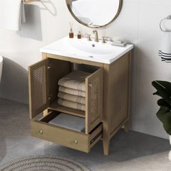 24” Natural Rattan Bathroom Vanity (w/ Drawer & Storage) & Ceramic Sink [NEW IN BOX] **Retails for $487 ^Assembly Required^ 