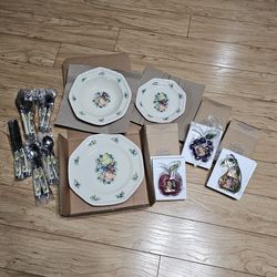 Avon Sweet Country Harvest Flatware Set - 20pc Stainless Steel Flatware (Service for 4), 3 Plates, & 3 Magnet Fruit Photo Frames Vintage NOS NIB RETIR