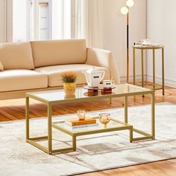 Modern Tempered Glass Coffee Table With Open Shelf for Living Room Gold