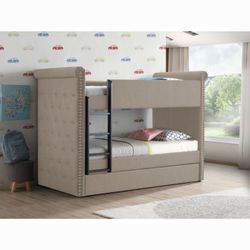 Tan Linen Fabric Bunk Bed With Trundle Twin Over Twin Button Tufted And Nailhead Trim Brand New In Box Firm Price $680 Mattresses NOT Included 