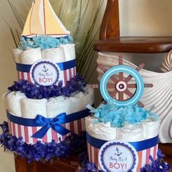 NAUTICAL AHOY IT’S A BOY NAVY BOAT baby shower diaper cake gift