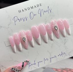 Extra long stiletto press on nails white French tips acrylic flowers hearts pink