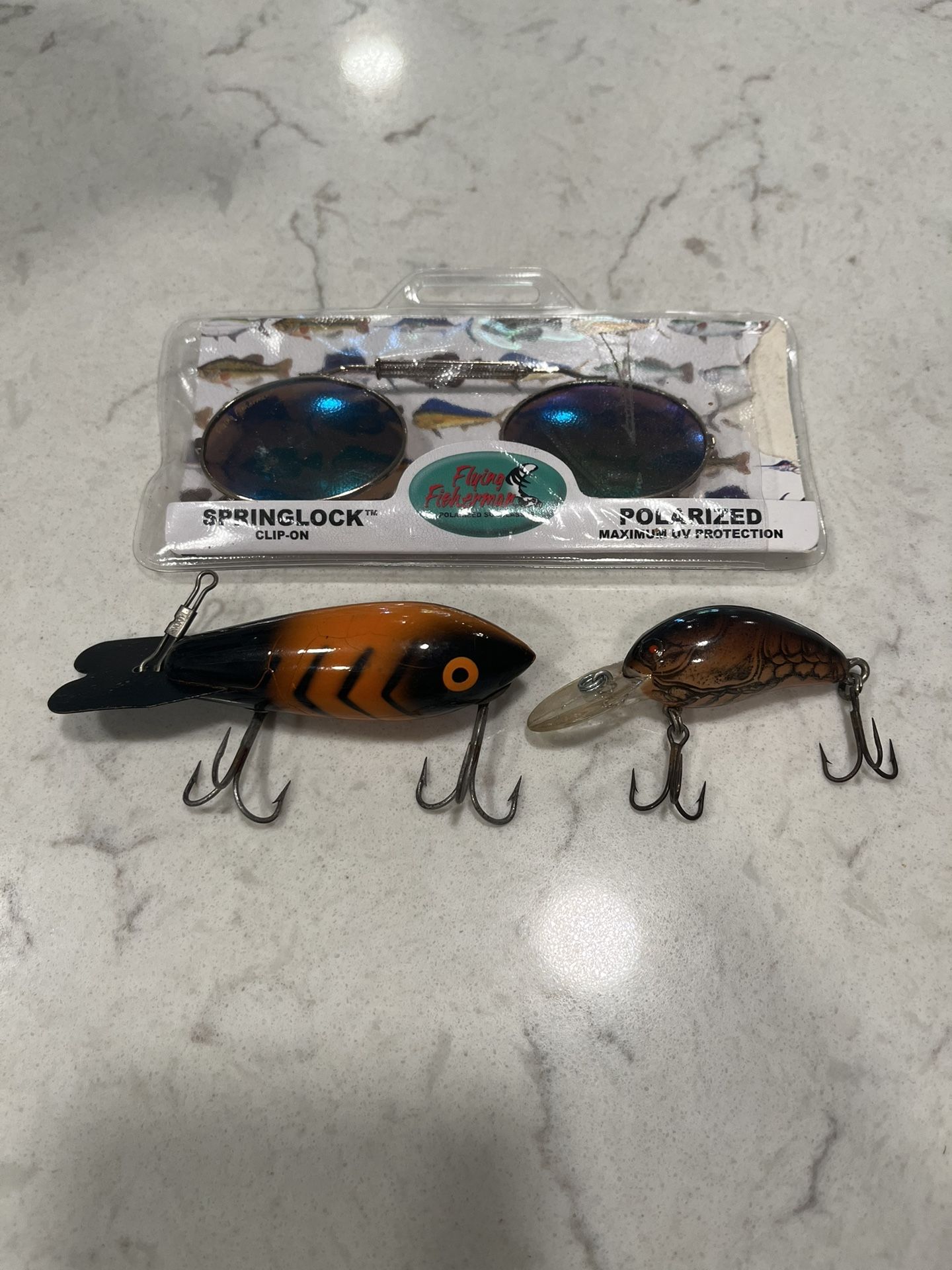 Vintage Bomber #412 Wood Fishing Lure, Orange/Black w/ small lure & glasses!!