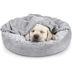 Small Dog Bed Cat Bed with Hooded Blanket, Cozy Cuddler Luxury Puppy Pet Bed, Donut Round Calming Anti-Anxiety Dog Burrow Cave Bed - Anti-Slip Bottom 