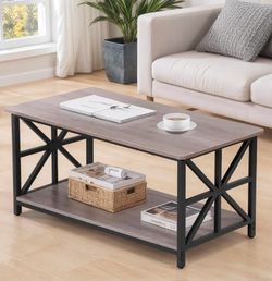 Nouva 2-Tier Farmhouse Coffee Table, Modern Rectangular Dining Center Table w/Storage Shelf Steel Frame for Living Room Office Reception,Grey
