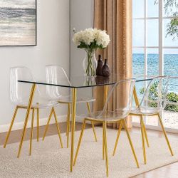 Set Of 4 Transparent Armless Plastic Dining Chairs with Gold Metal Legs, Nordic Style [NEW]