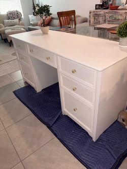 Large White Desk with Gold handles