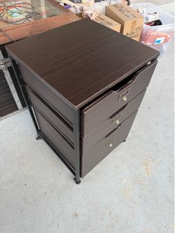 Baxton Studio Felix 3-drawer mobile file cabinet in espresso with a black metal frame.